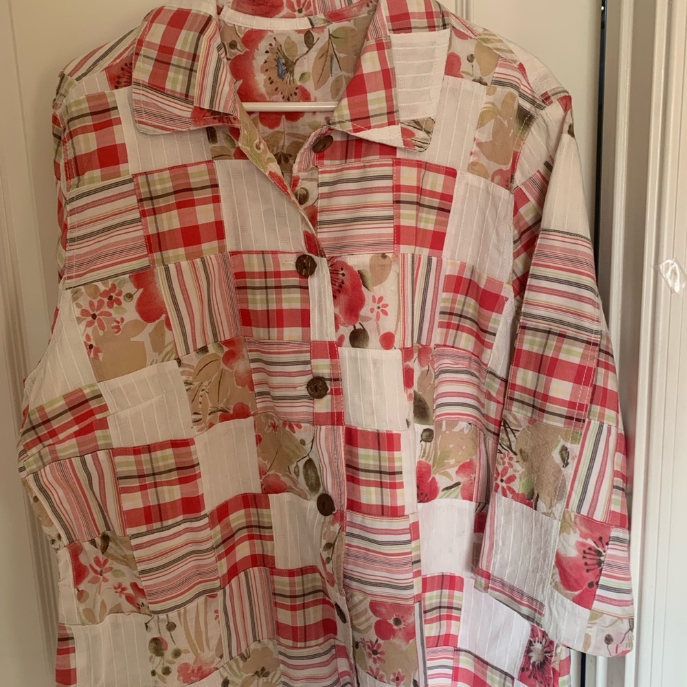 Patchwork Floral Plaid Women's Jacket Fully Lined 3/4 Length Sleeves SidePockets - Picture 3 of 8